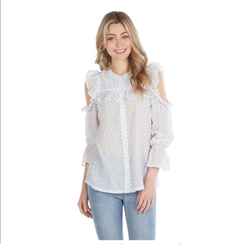 Clarissa cold shoulder ruffle button-down top